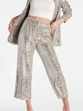 Express High Rise Sequin Crop Wide Leg Pants Silver